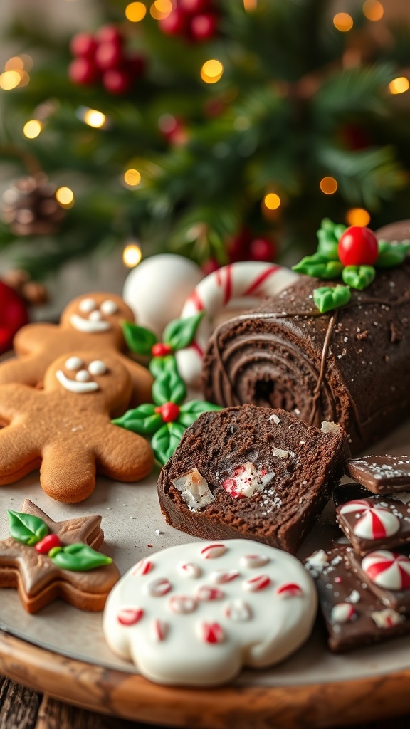 A festive assortment of Christmas desserts including gingerbread cookies, yule log cake, and peppermint bark on a decorative platter.